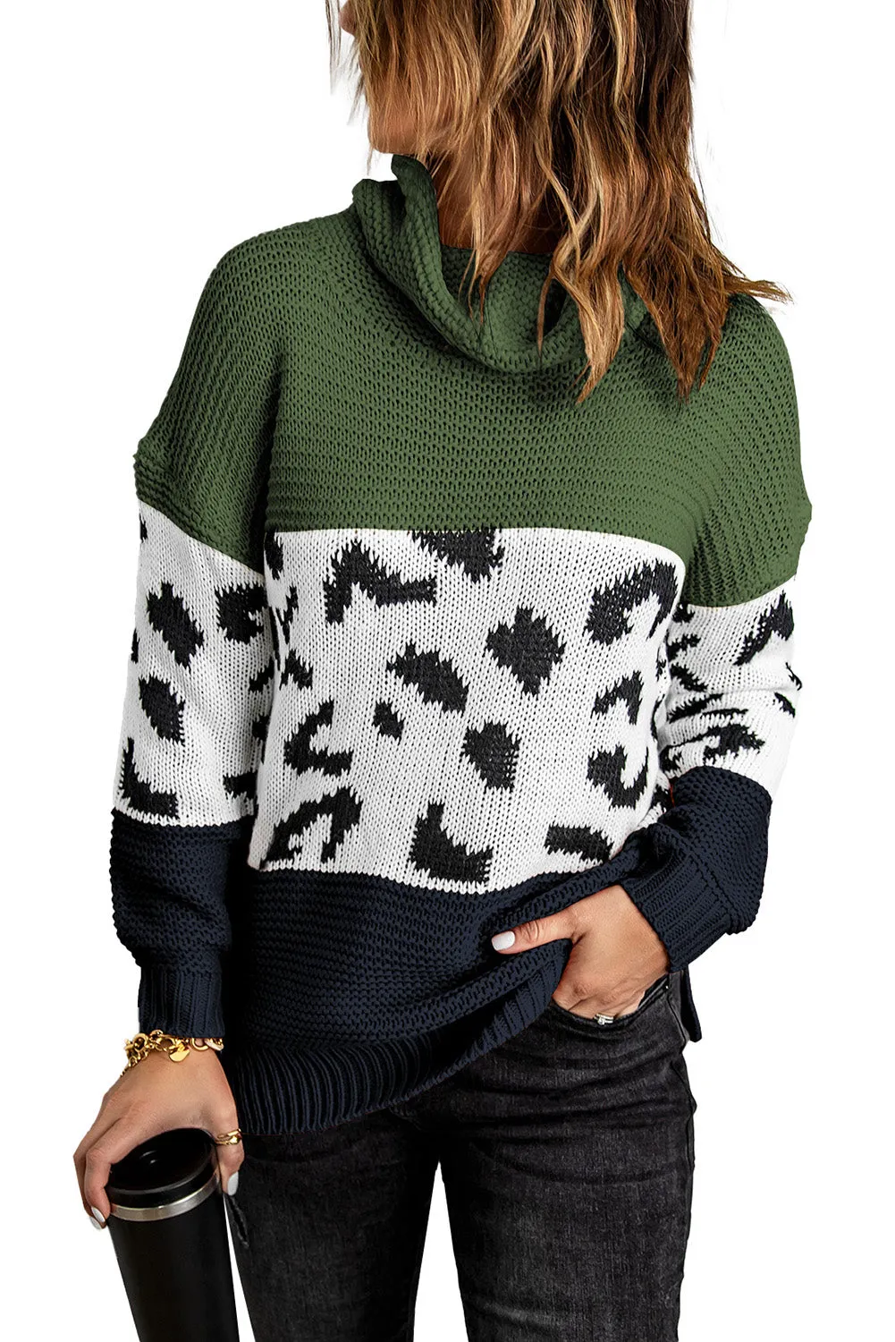 Women Turtleneck Splicing Chunky Knit Pullover Sweater