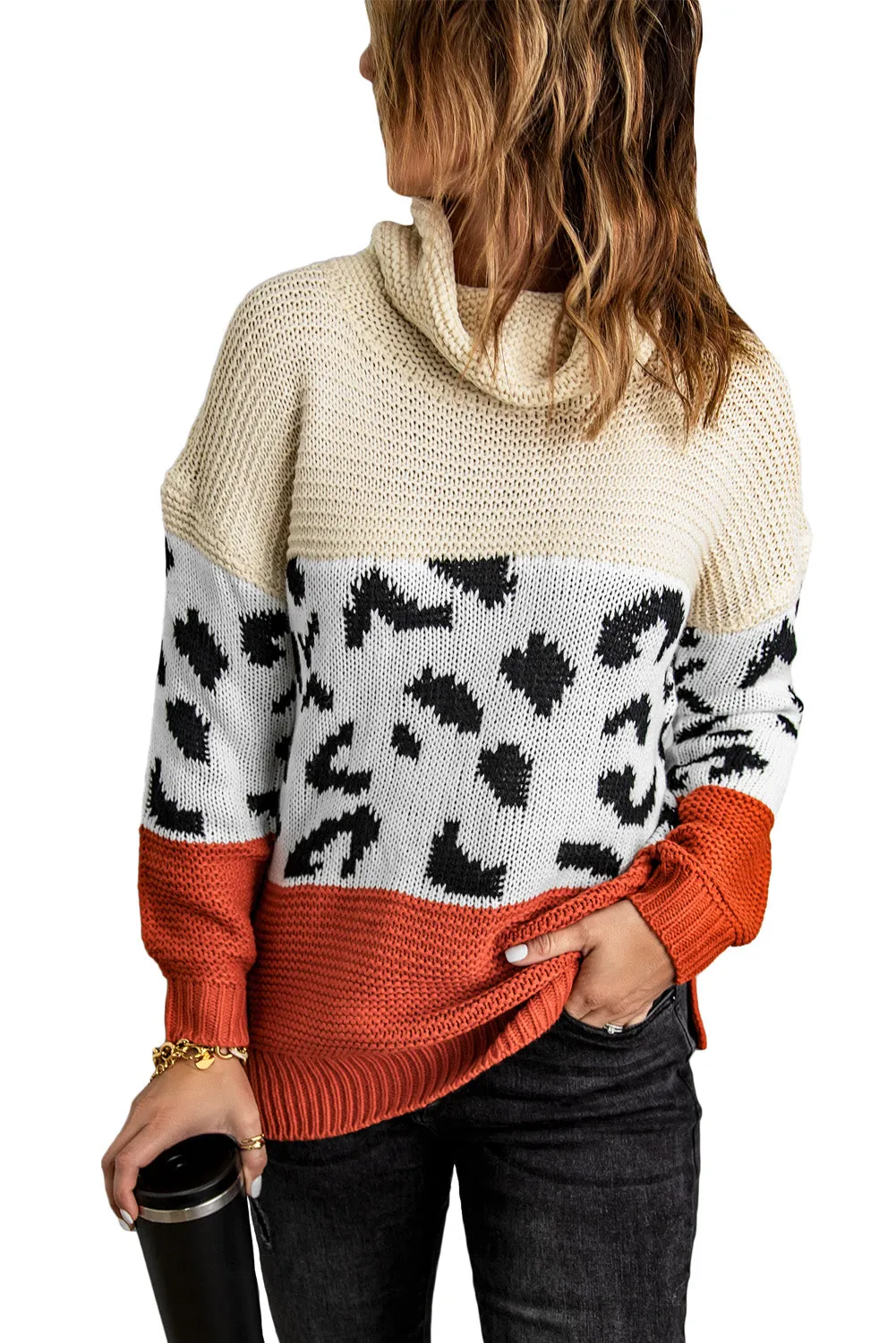 Women Turtleneck Splicing Chunky Knit Pullover Sweater