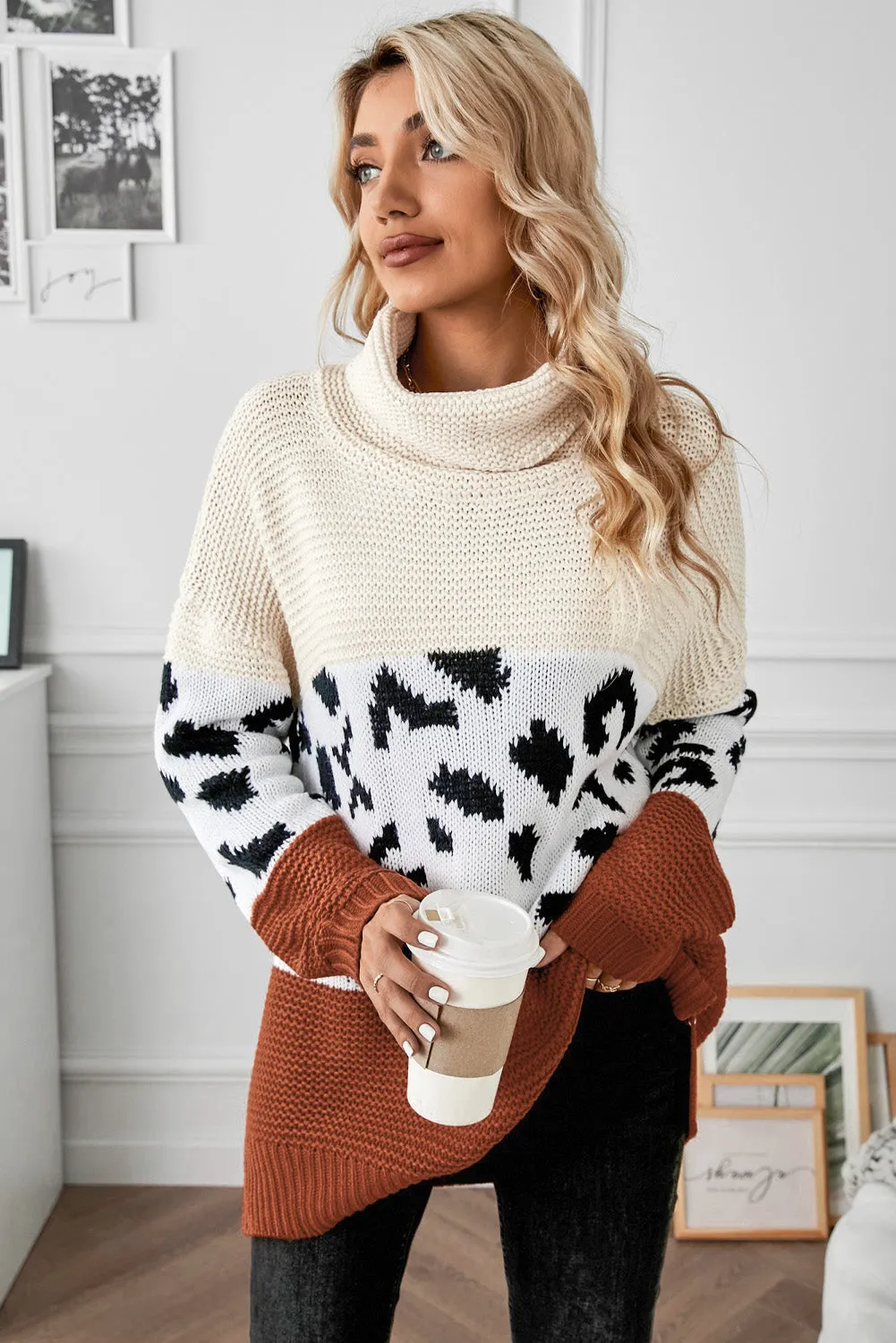 Women Turtleneck Splicing Chunky Knit Pullover Sweater