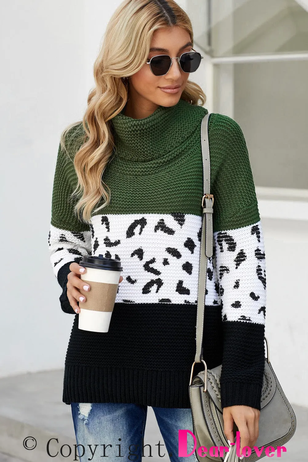 Women Turtleneck Splicing Chunky Knit Pullover Sweater