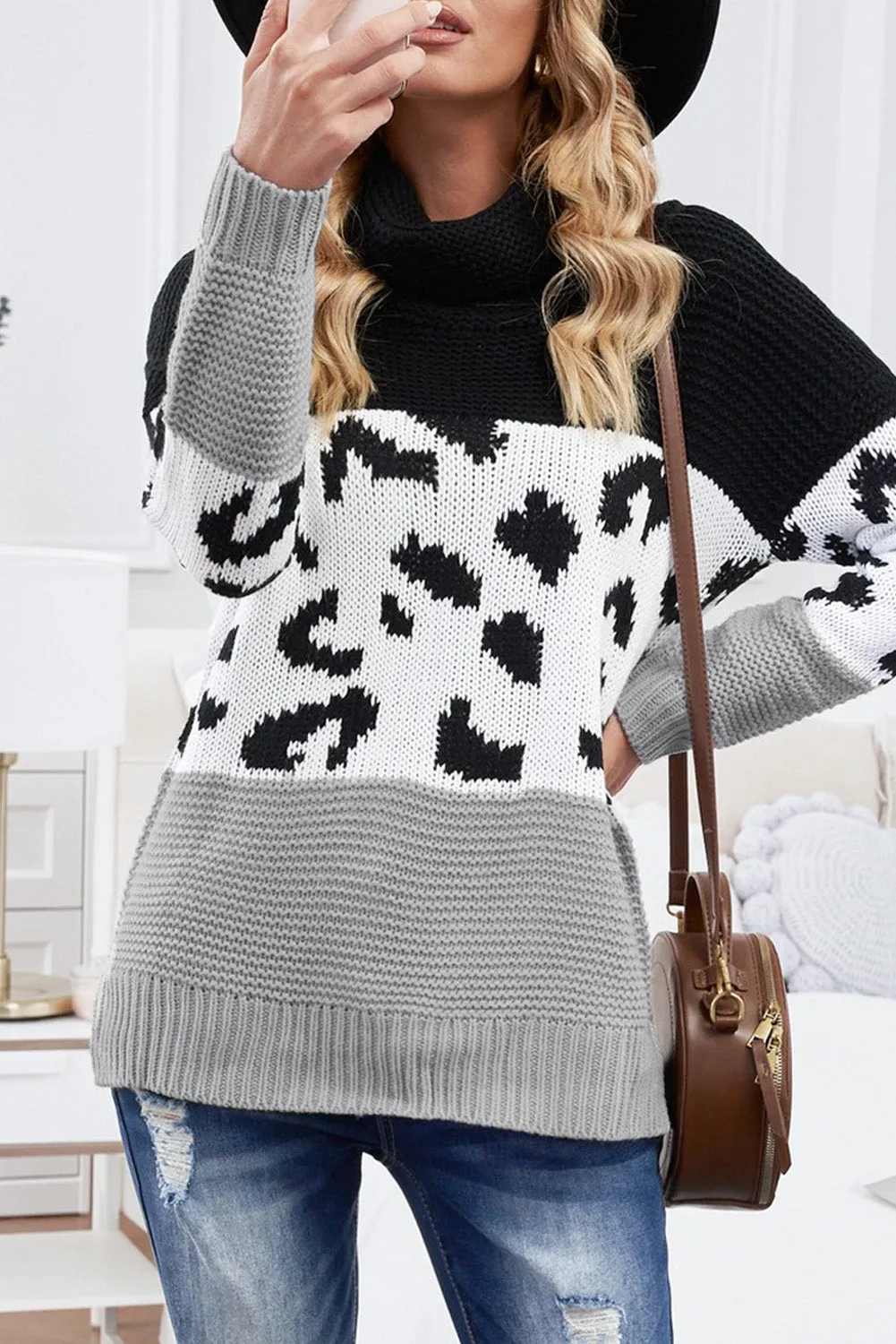 Women Turtleneck Splicing Chunky Knit Pullover Sweater