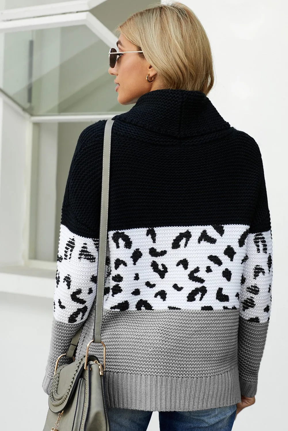 Women Turtleneck Splicing Chunky Knit Pullover Sweater