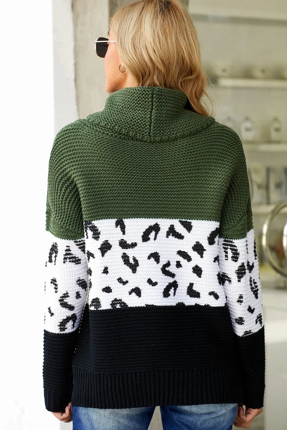 Women Turtleneck Splicing Chunky Knit Pullover Sweater