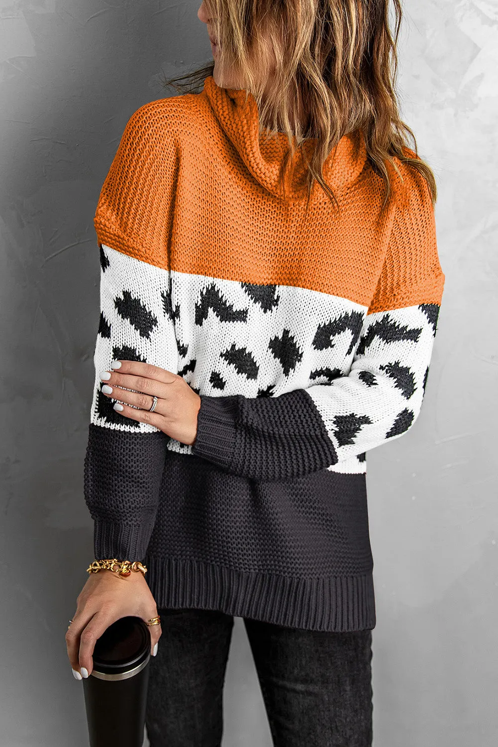 Women Turtleneck Splicing Chunky Knit Pullover Sweater