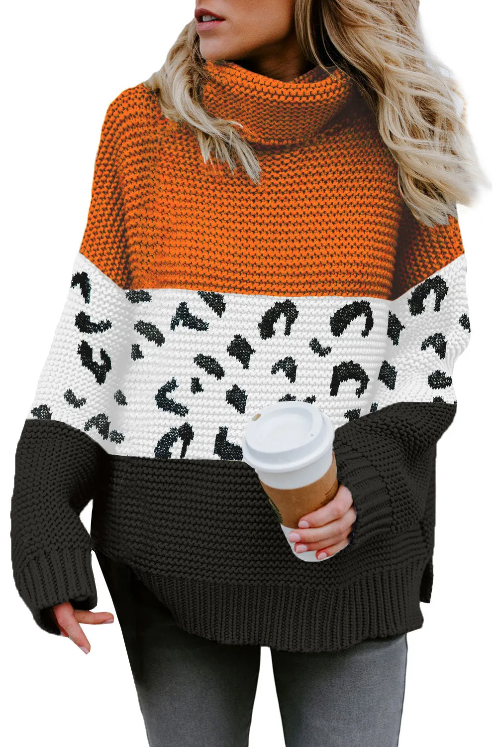 Women Turtleneck Splicing Chunky Knit Pullover Sweater