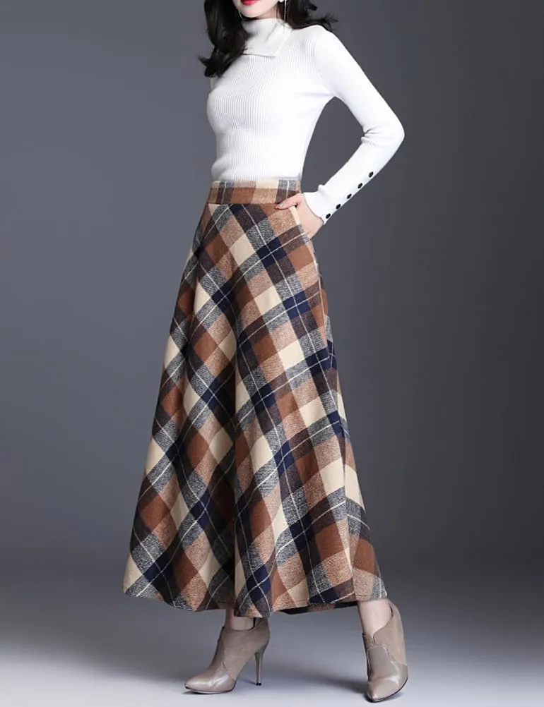 Women's Plaid Skirt Warm Elastic Waist Wool A-Line Pleated Tartan Winter Long Skirts
