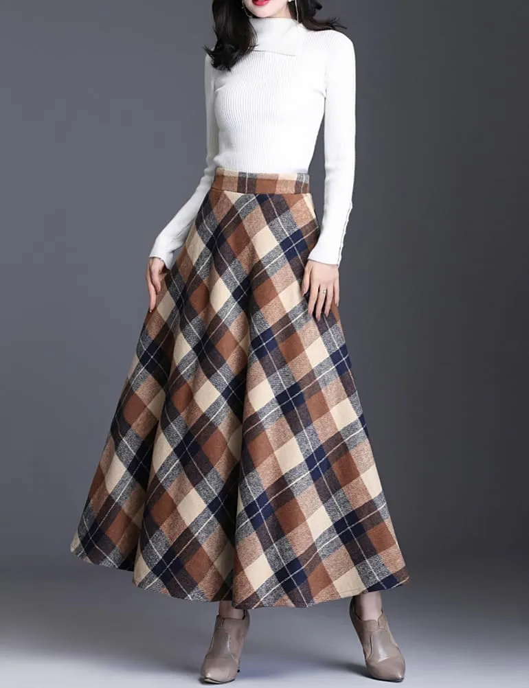 Women's Plaid Skirt Warm Elastic Waist Wool A-Line Pleated Tartan Winter Long Skirts