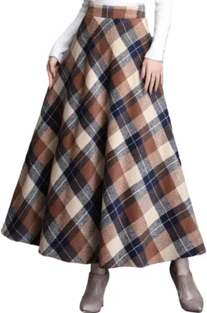 Women's Plaid Skirt Warm Elastic Waist Wool A-Line Pleated Tartan Winter Long Skirts