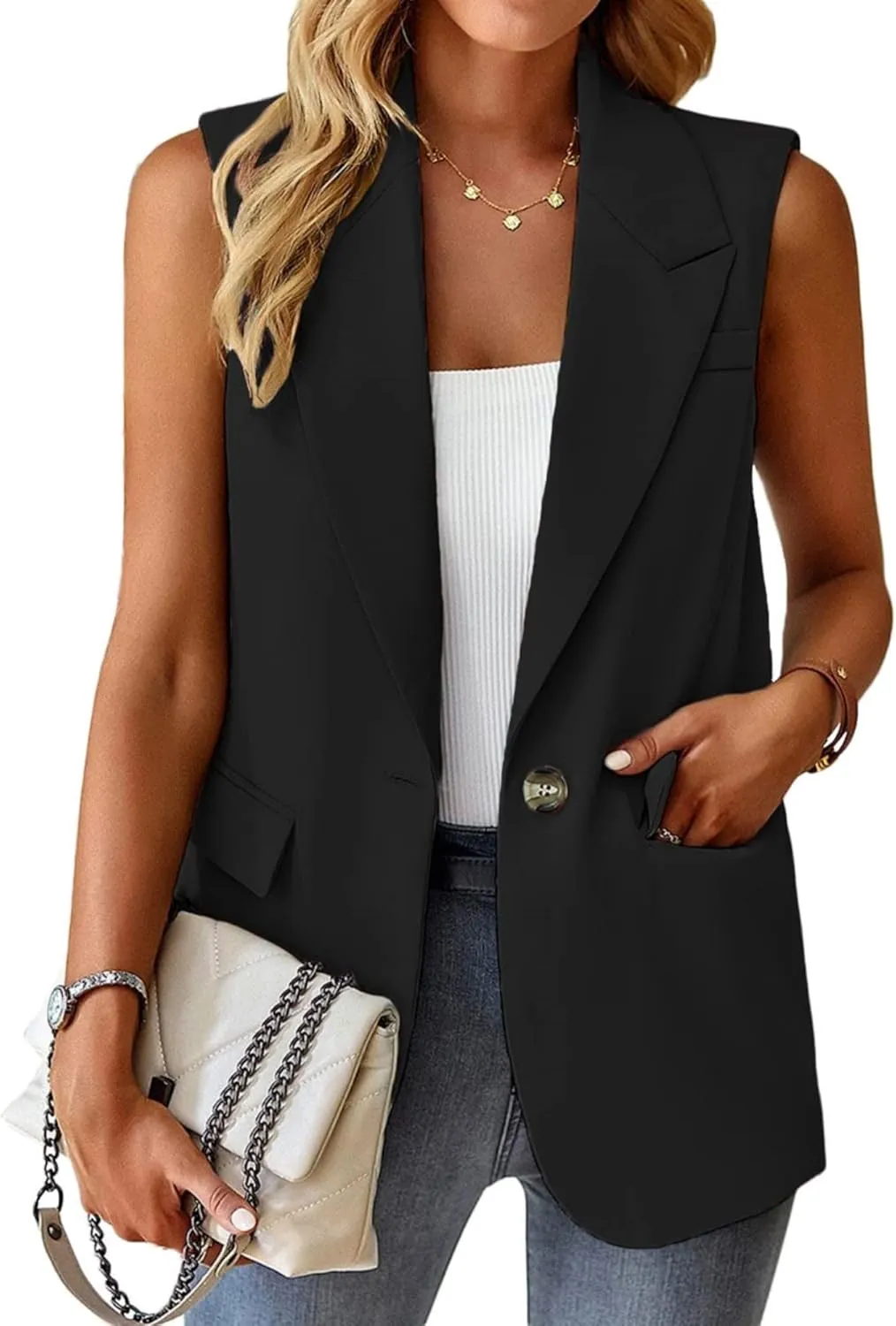Womens Sleeveless Vest V-Neck Fashion Dressy Casual Open Front Trench Coat Jacket Cardigan Vests with Pockets