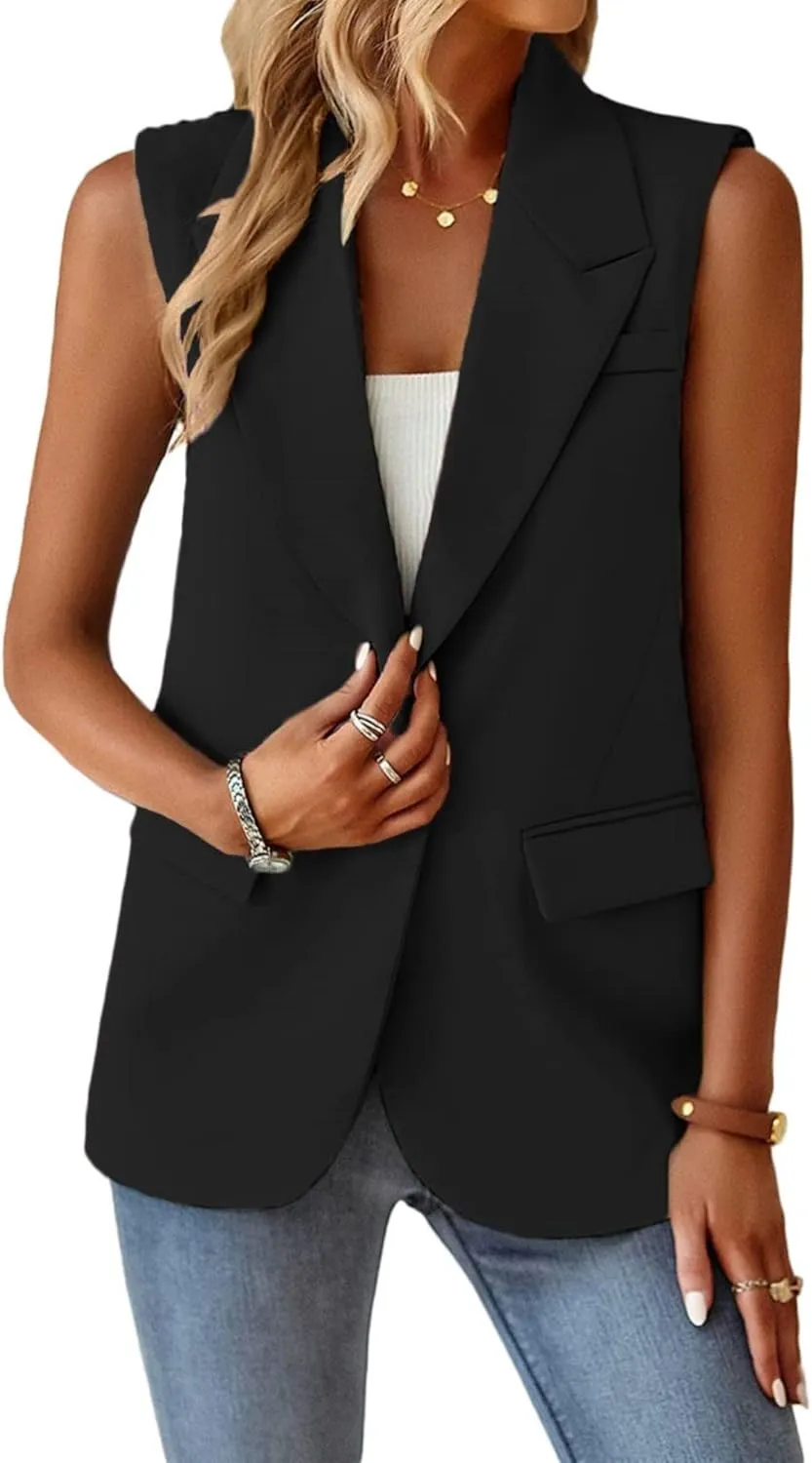 Womens Sleeveless Vest V-Neck Fashion Dressy Casual Open Front Trench Coat Jacket Cardigan Vests with Pockets
